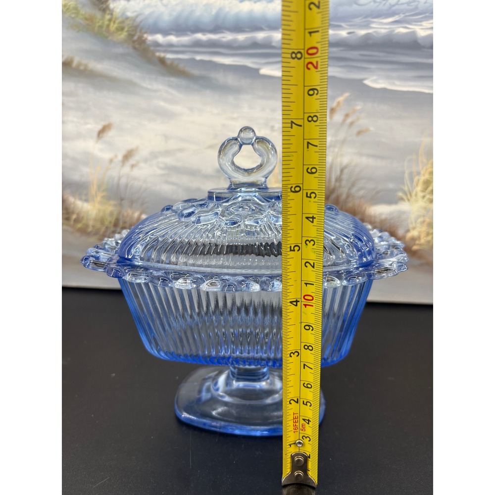 Vintage Indiana Glass Candy Dish & Lid Footed Pedestal Blue Ribbed Lace Edge - Picture 8 of 10